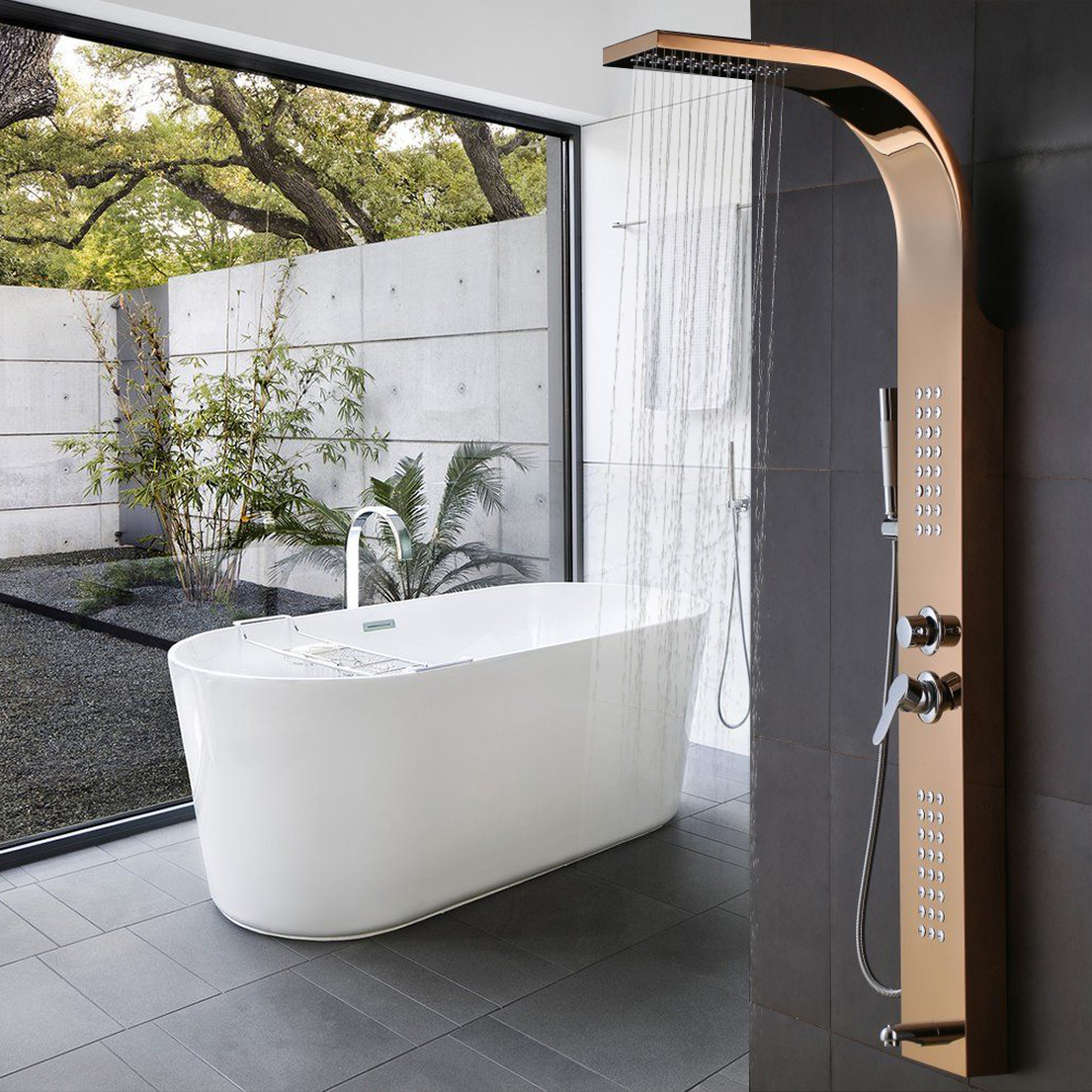 Albufeira Stainless Steel Gold Finish Shower Panel System with Rainfall Shower & Body Massage Jets